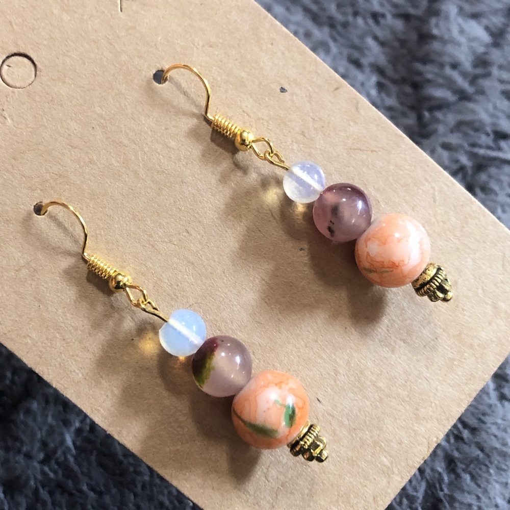 Handcrafted art glass genuine stone agate opalite glass dangle earrings